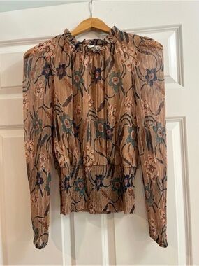 Joie Beige Floral Pleated Long-Sleeve Blouse